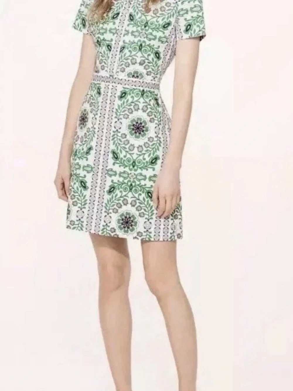 Tory Burch Floral Tile Print Short Sleeve Dress - White & Green